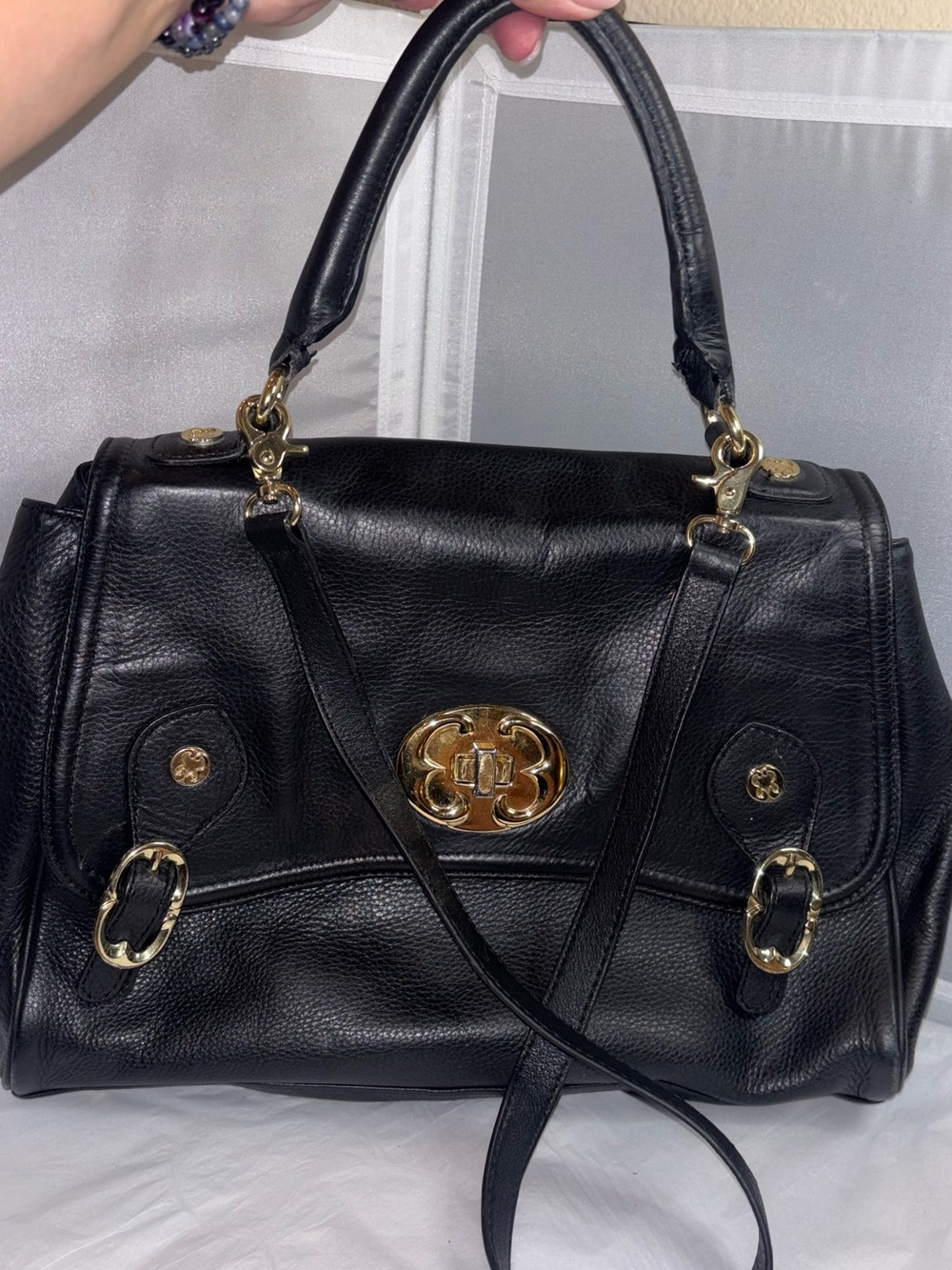 Black Emma Fox Leather Satchel Handbag with Gold Hardware